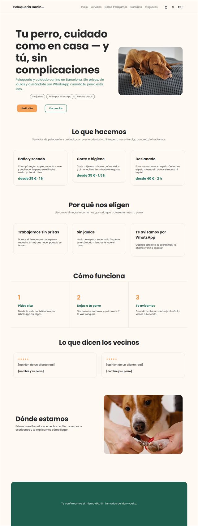 Web de demostración de una peluquería canina